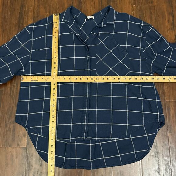 LUNYA Button Up Shirt Navy Blue Windowpane 3/4 Sleeve Cotton-Blend - Picture 9 of 9